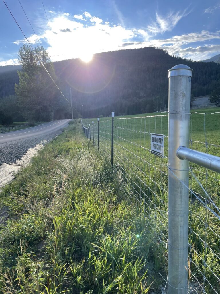 Page wire fence on steel T-posts tied into a galvanized steel corner post and brace, with a Boundary Fencing sign
